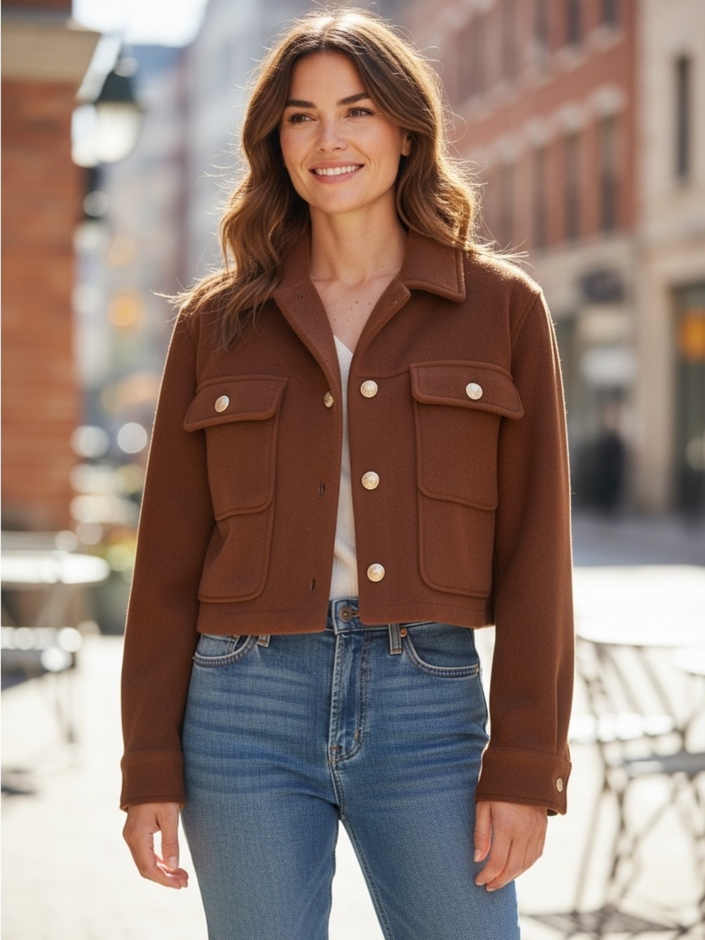 Mystree Cropped Teddy Jacket in Rust Brown with Gold Buttons